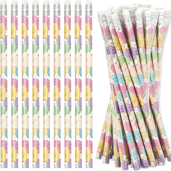 Whaline 36Pcs Valentine Pencils with Erasers Conversation Heart Pencil Candy Color Love Heart Wood Pencils For Valentine Exchange Gifts Giveaways Classroom Rewards School Supplies