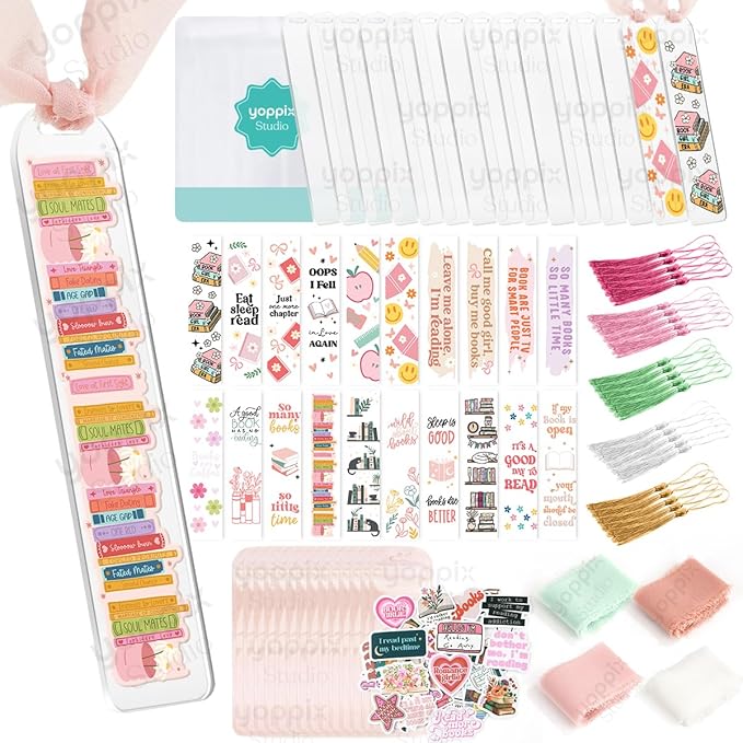 180 Pcs Acrylic Bookmark Blanks- 20 Set Bookmark Making Kit with 20 UV DTF Stickers About Book Lover Theme 20 Tassels 20 Ribbon 80 Bookish Stickers for DIY Your Crafts Gift for Book Lover
