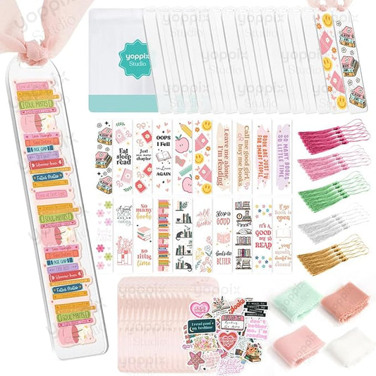 180 Pcs Acrylic Bookmark Blanks- 20 Set Bookmark Making Kit with 20 UV DTF Stickers About Book Lover Theme 20 Tassels 20 Ribbon 80 Bookish Stickers for DIY Your Crafts Gift for Book Lover