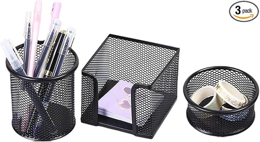 3pcs Pen Holder for Desk, Metal Mesh Pen Cup Paper Clip Holder Memo Pad Holders Stationary Organizer for Desk, Desk Accessories for Office School Home(COLOR:black)