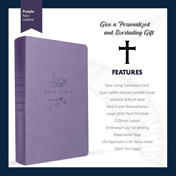 Personalized NLT Bible New Living Translation Thinline Faux Leather Holy Bible with Custom Name in Dark Purple | Large Print | Custom Gift for Religious Celebrations | Lavender/Purple
