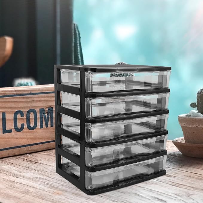 FOMIYES Plastic Drawers Organizer with Multi-layer Drawers, Space-saving Desk Storage Bins for Cosmetics and Office Supplies, Black Plastic Desktop Organizer for Office and Bedroom
