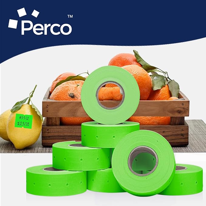 Perco 2 Line Fluorescent Green Labels - 32 Rolls, 4 Sleeves, 24,000 Blank Price and Date Gun Labels for Perco 2 Line Price and Date Guns - Made in USA