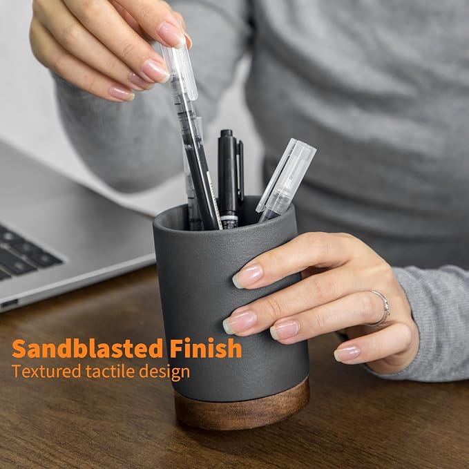 Ceramic Pen Holder for Desk, Pencil Organizer & Makeup Brush Holder, Office Decor and Desk Accessories, Perfect Office Organization, Teacher Supplies (Dark Grey, Set of 1)