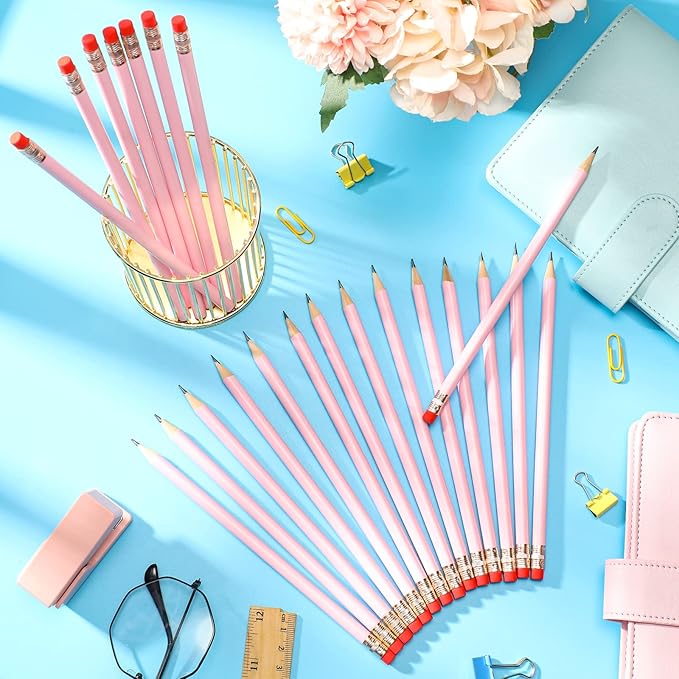 Outus 48 Pcs Pink Pencils Round Wooden 2 HB Pencils with Red Eraser Unsharpened Pencil Cute Pens for School Drawing Sketching Wedding Office Supplies