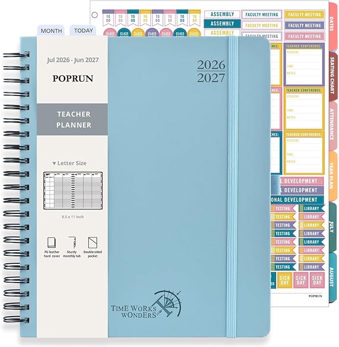 POPRUN Teacher Lesson Planner 2026-2027, (Letter Size - 8.5'' x 11'') Academic Planner July 2026 - June 2027 with Gradebook & Color Monthly Tabs, Thick Paper, 2-Sided Pocket, Leather Cover, Dutch Blue