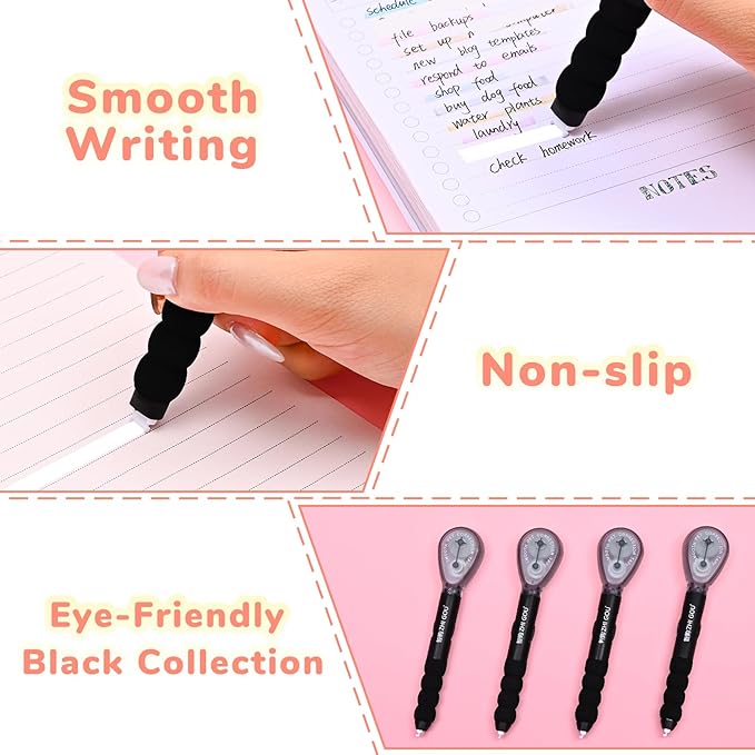 Temiary 4 Pcs White Correction Tape Pen, 19.69 ft Smooth Pull Out Tape Pens, Instantly Dry, Easy to Use Applicator for School Office Supplies (Black)
