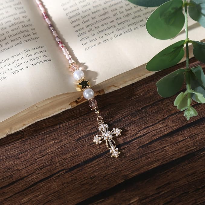 Vintage Pink Cross Beaded Bookmark - Butterfly Beads Book Mark for Women, Christian Religious Aesthetic Accessories Bookish Gifts for Booklovers Students Teachers