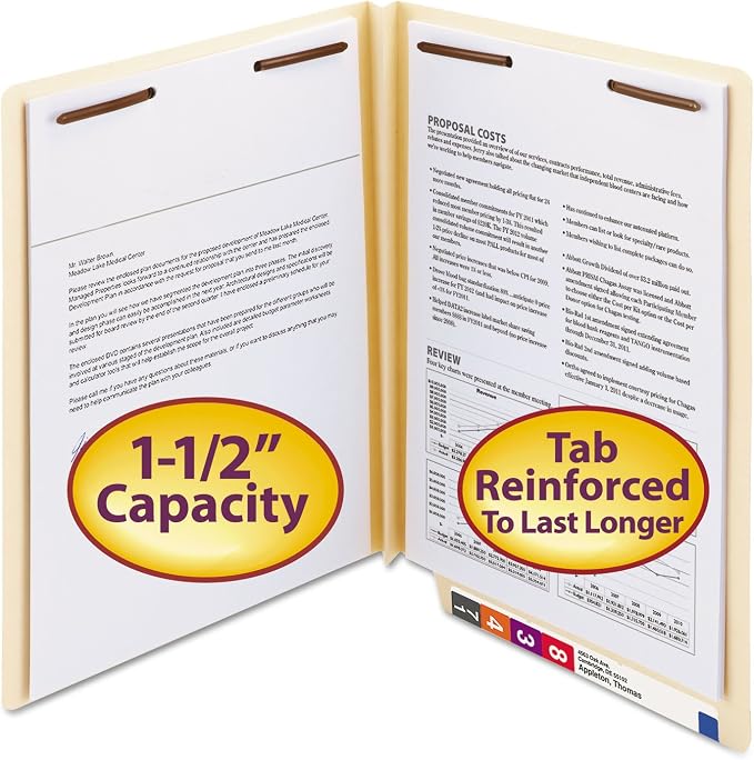 Smead Extra Capacity End Tab Fastener File Folder, Shelf-Master® Reinforced Straight-Cut Tab, 2 Fasteners, 1-1/2" Expansion, Letter Size, Manila, 50 per Box (34276)