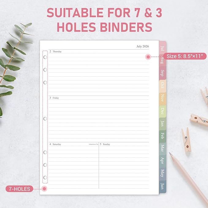 2026-2027 Weekly & Monthly Planner Refill for 3 Ring Binder, 8.5"x11", A4 Letter Size Planner Inserts with Colorful Monthly Tabs, Size 5, July 2026 - June 2027, 7/3-Hole Punched
