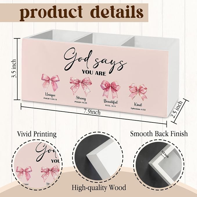 Pink Coquette Bow Christian Pen Pencil Holder Organizer for Desk Accessories, God Says You Are Bible Verse Inspirational Preppy Wooden Box Sign Desk Decor for Girly Bedroom Dorm Decoration