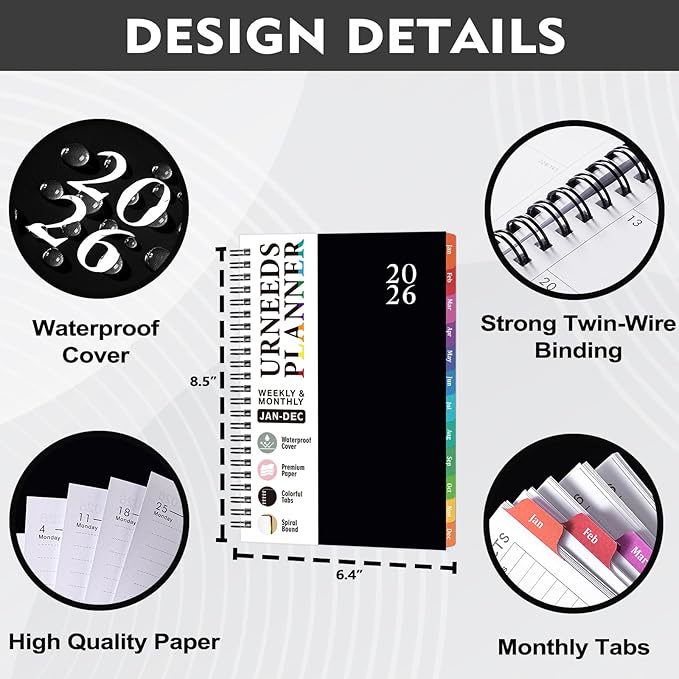 2026 Planner - 2026 Weekly Monthly Planner from Jan. 2026 - Dec. 2026, 2026 Calendar Planners with Colorful Tabs, Inner Pocket, 8.5" x 6.4" - Black