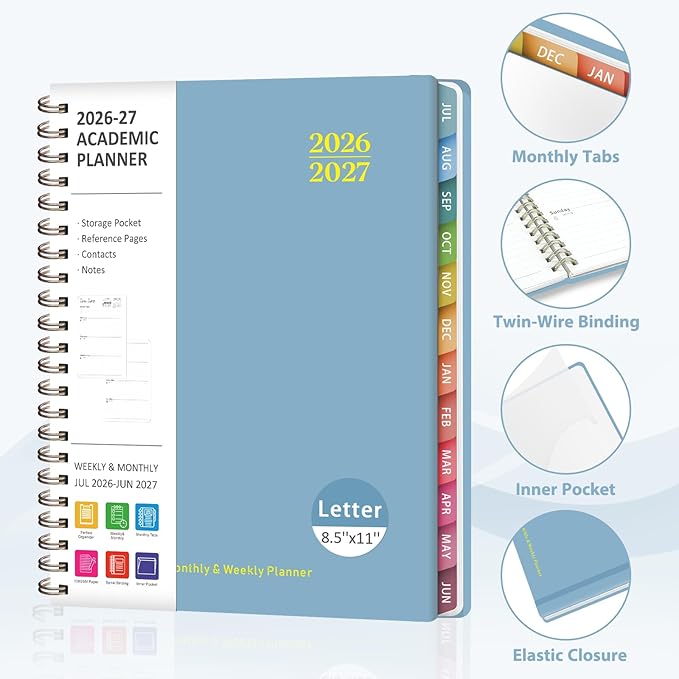 Planner 2026-2027, Weekly and Monthly Academic Planner, July 2026 - June 2027, Hardcover Calendar Agenda Book for School Year Planning, School Supplies for Teacher and Student, Letter Size(8.5'' x 11'')