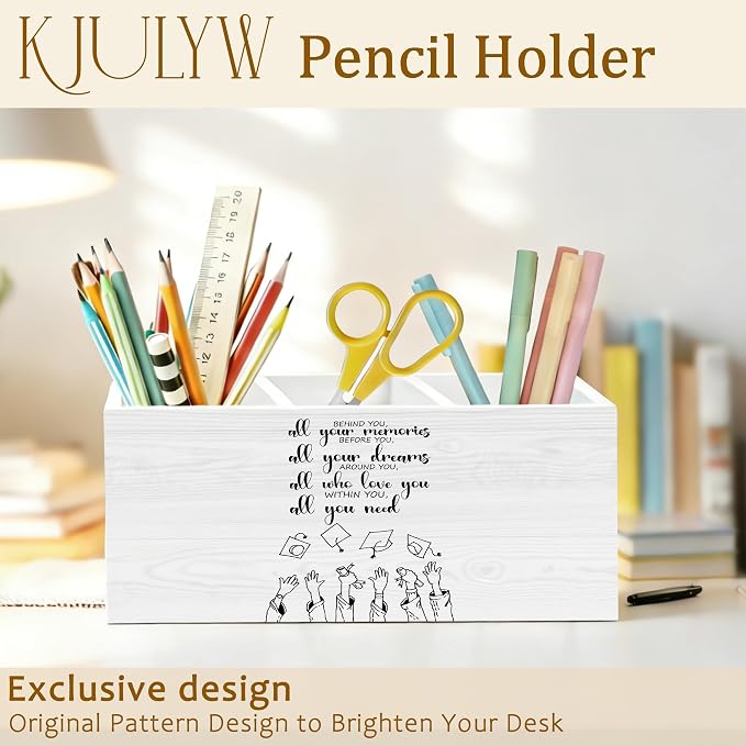 Graduation Quote Pen Holder for Desk, Graduation Gifts, Behind You All Your Memories Wooden Box Pencil Pen Holder Organizer for Home Office Desk Accessories