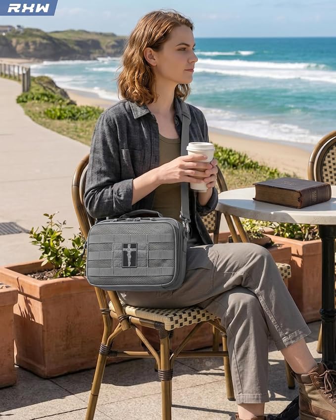 RXW Large Bible Cover Bag for Men Women, Tactical Bible Carrying Case Fully Padded of Double Layer Design, Utility Church Bag Organizer with Shoulder Strap for Tablet Art EDC, Christian Gifts for Mom