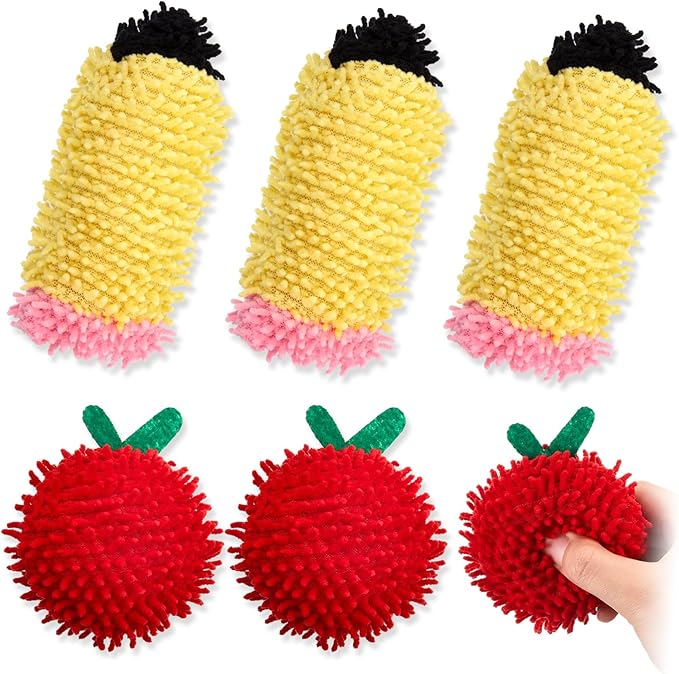 Wonderjune 6 Pcs Mini Dry Erase Erasers for Students Lap Boards Funny Apple and Pencil Shaped Washable Microfiber Shag Whiteboard Eraser for Kids Teacher Classroom Reward Gifts Decor Supplies