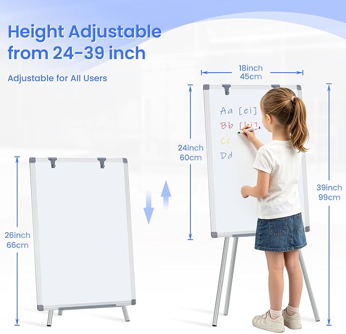 MAKELLO White Board with Stand, Portable Whiteboard Easel 24x18 in for Office Classroom Home School, Adjustable Height, Aluminum Frame