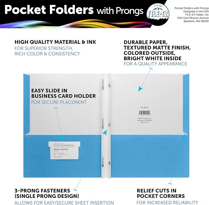 FILE-EZ Two-Pocket Folders with 3-Prong Fasteners, Light Blue Color, 25-Pack, Durable Textured Paper, Matte Finish, Letter Sheet Size (EZ-92520)