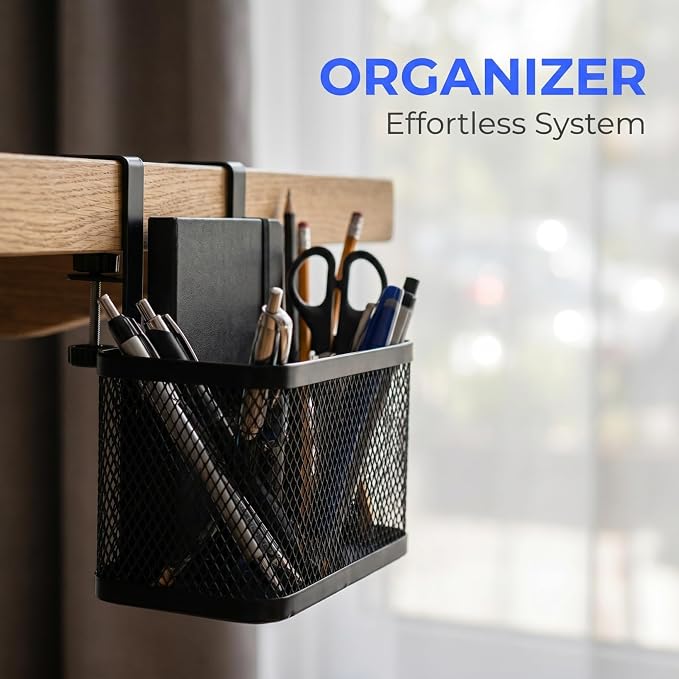 SHINEOFI Clamp Under Desk Storage Organizer Mesh Basket with Clamp for Tidy Desk Cord Management and File Organization for Office Use and Space Saving