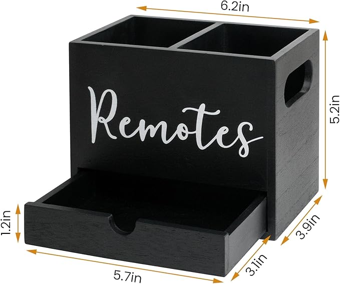 Remote Control Holder, Wooden TV Controller Holder, Desk Organizer with 2 Compartment and Drawers for TV & Office Supplies, Ideal for Tabletop (Black)