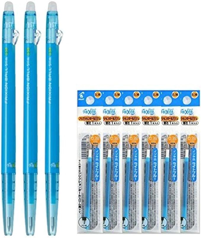 Pilot FriXion Ball Slim 038 Retractable Erasable Gel Ink Pen, Extra Fine Point 0.38mm, Light Blue Ink, 3 Pens & 6 Refills Value Set