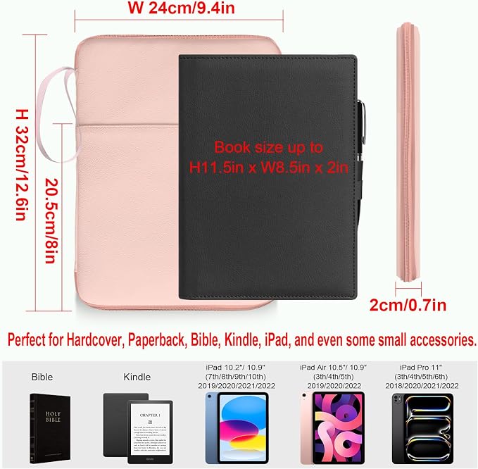 Pink Book Sleeve Kindle Pouch, Book Protector Case with Zipper, PU Leather Waterproof Book Cover Bag, Portable Book Pouch for Book Lovers Gifts Paperbacks Bibles Hardcover