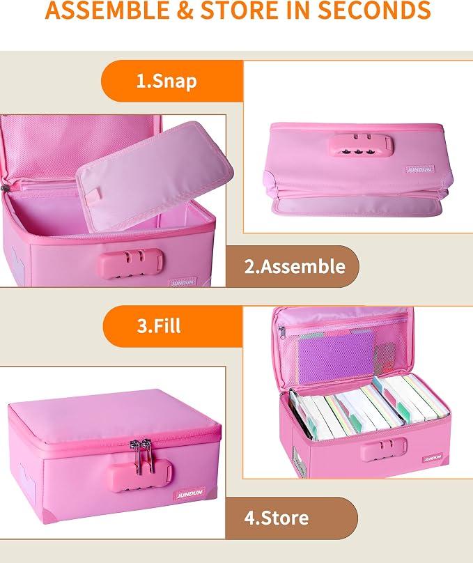 JUNDUN Index Card Holder with Lock,Collapsible Fireproof Index Card Box fits 1200 3x5-Inch Flash Cards - Business, Recipe, or Note Card Storage Boxes - Pink