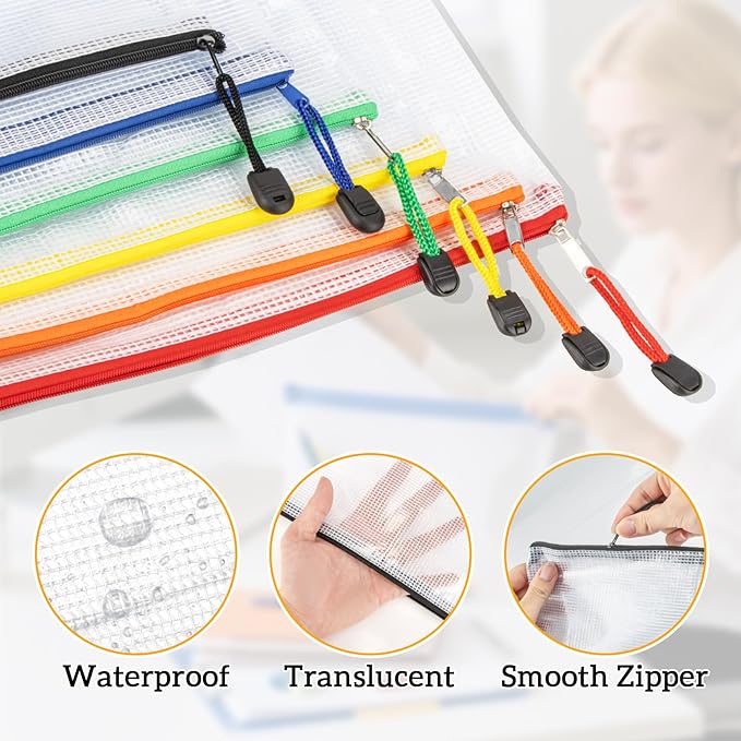 RAINFLOW a4 Mesh Zipper Pouch Bags - 12 PCS Reusable Mesh Bags with Zipper Waterproof Storage Bag Organizer for Document Toy Storage Classroom Organization and Storages Office Supplies in Multicolor