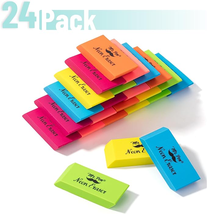 Mr. Pen- Pencil Eraser, 24 Pack, Neon Colors, Large Latex Free Block Erasers Bulk for School, Office, Art Sketching, Homework, Exams, Clean Smudge-Free Correction