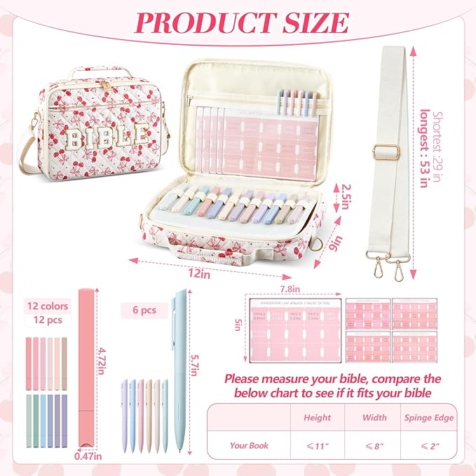 Sinload Quilted Bible Cover Case for Women 12 x 9 x 2.5 Inch Bible Chenille Letter Bag with Shoulder Strap Carrying Tabs 6 Colored Pens 12 Highlighters Christian Church Study Gifts(Pink,Cherry Bow,)