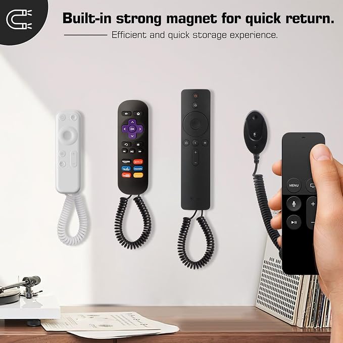 WALLFID 4-Pack Magnetic Remote Control Holders with Spring Ropes - Safely Secure Remotes & Small Items, Wall-Mount with Adhesive, Anti-Loss, Rapid Adsorption, Extendable Spring (White 70 inch，4 Pack)