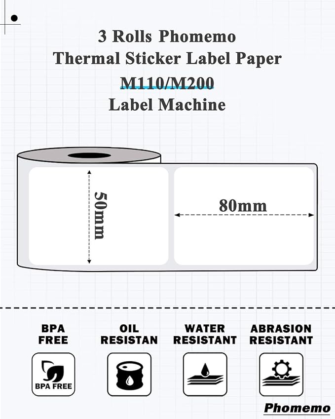 Phomemo Labels - Phomemo M110 Labels for M220/ M100/ M250/ M102/M221/M200/M108 Label Maker, 1.97"x3.15"(50x80mm), M110 Thermal Label 3Rolls, Sticker 100 Labels/Roll, Square, Black on White