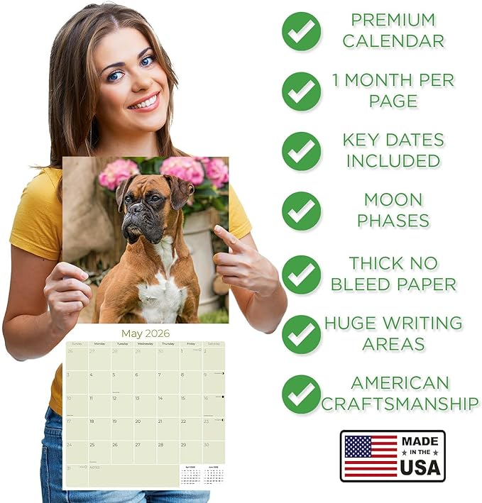 Boxer Calendar 2026 by MegaCalendars – Monthly Dog Breed Wall Calendar, Made in USA