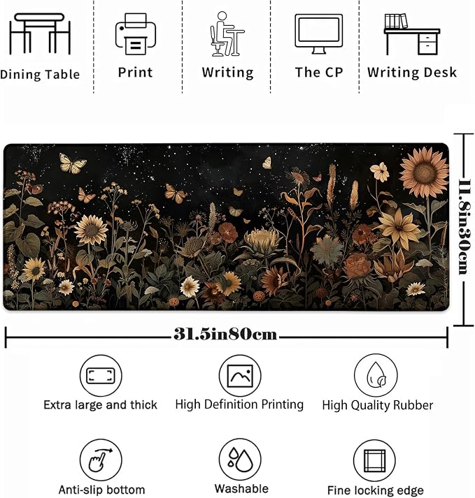 Sunflower Mouse Pad，Vintage Plants Gaming Keyboard Mat，Laptop Computer Protector with Non-Slip Rubber Base，Large Extended MousePads Gifts for Desk Office Home，Deskmat Decor 31.5" x 11.8"