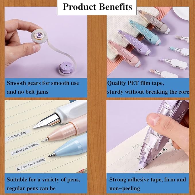 Retractable White out Pens 2 Pack with 2 Extra Refills, Cute Correction Tape Pen 1/5" x 944", Refillable Whiteout Pen for Instant Correction Office Supplies, Blue & Pink
