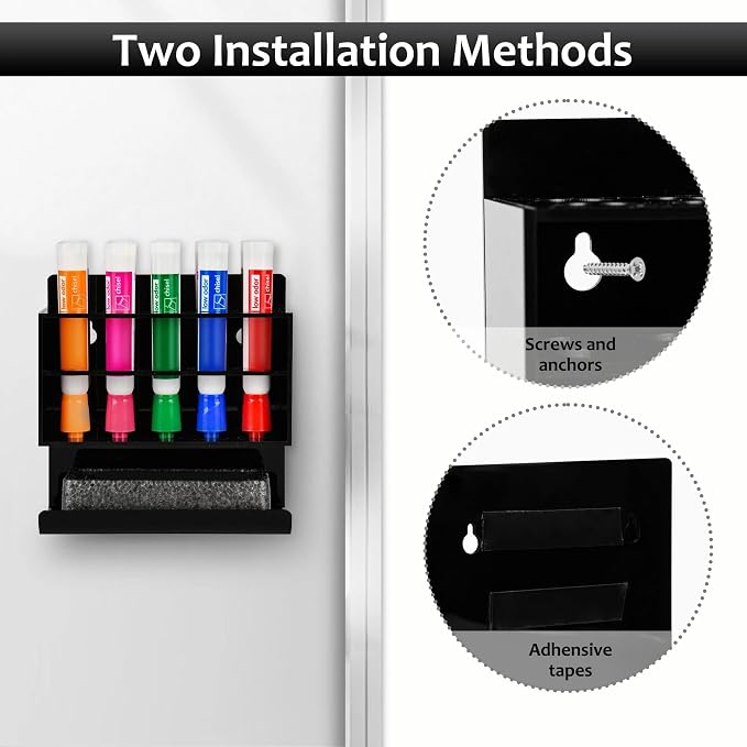 Dry Erase Marker Holder, 2 PCS Wall Mounted Acrylic Marker Holder with 10 Slots, Sticky Pen Storage for Classroom Organization, Office, Whiteboard, Desk Locker Accessories, Black