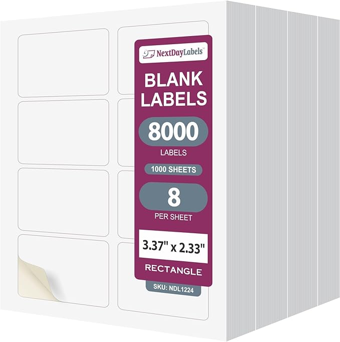 NextDayLabels 3.38x2.33 Inch Rectangle Stickers White Blank Labels for Laser Inkjet Printer - 8 Per Sheet Self-Adhesive Shipping Address Mailing Made in USA - 8000 Labels