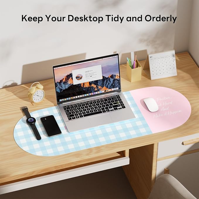 Checkered Pattern Desk Pad Protector, 35.5 x 13'' Aesthetic Mouse Mat for Desktop, Waterproof PU Leathe Non-Slip Desk Writing Pad for Office and Home, Blue and Pink