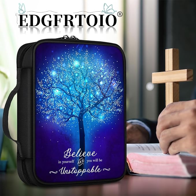 Bible Cover, Glowing Tree Bible Case with Handle and Zippered Pocket Standard Size Holy Bible Bag Women Gifts, Church Bag Portable Bible Carrying Book Case for Bible Study