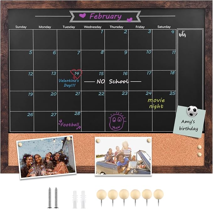 TORASO Magnetic Chalkboard Calendar Corkboard, 18" x 22" Combination Chalk Board Bulletin Board, Walnut Brown Framed Blackboard Calendar Cork Combo Board(ZHHB-BN-4555)