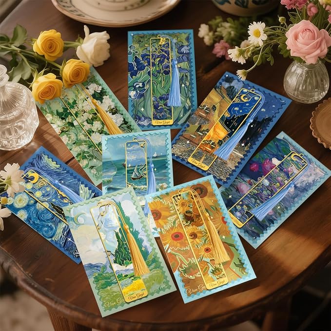 6 Pieces Metal Bookmarks with Tassel, Golden Hollow Bookmark Oil Painting Van Gogh Monet Theme Book Mark Bookmarks for Book Lovers Writers Readers Children Teens Men Women Adults