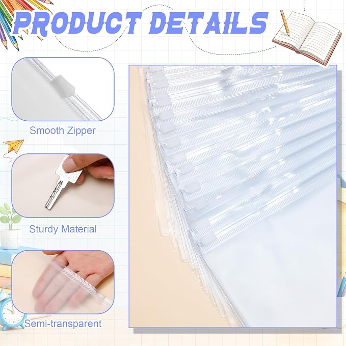 Gilprop 100 Pcs Clear Binder Zipper Pouches 3 Rings PVC Waterproof Loose Leaf Bags Letter Size Binder Pockets 11.5 x 6.7'' Fill Folders Document Organizer for Office Supplies Filling Storage