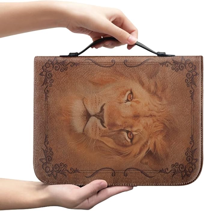 Retro Religious Style Lion Bible Case with Bookmark Waterproof Bible Cover Case for Women Lightweight Bible Bag with Handle Pockets Church Book Bag Brown
