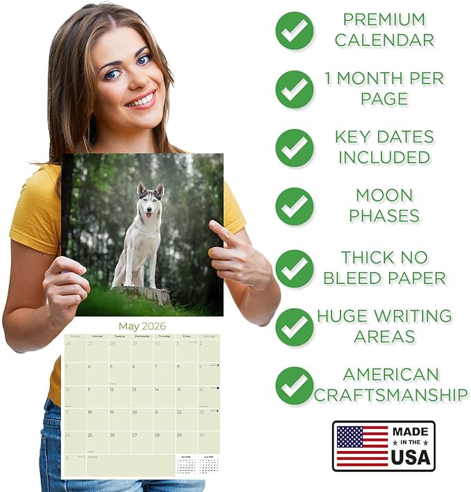 Siberian Husky Calendar 2026 – 16-Month Dog Breed Wall Calendar by MegaCalendars – Large Daily Blocks, Thick No-Bleed Paper, Made in USA