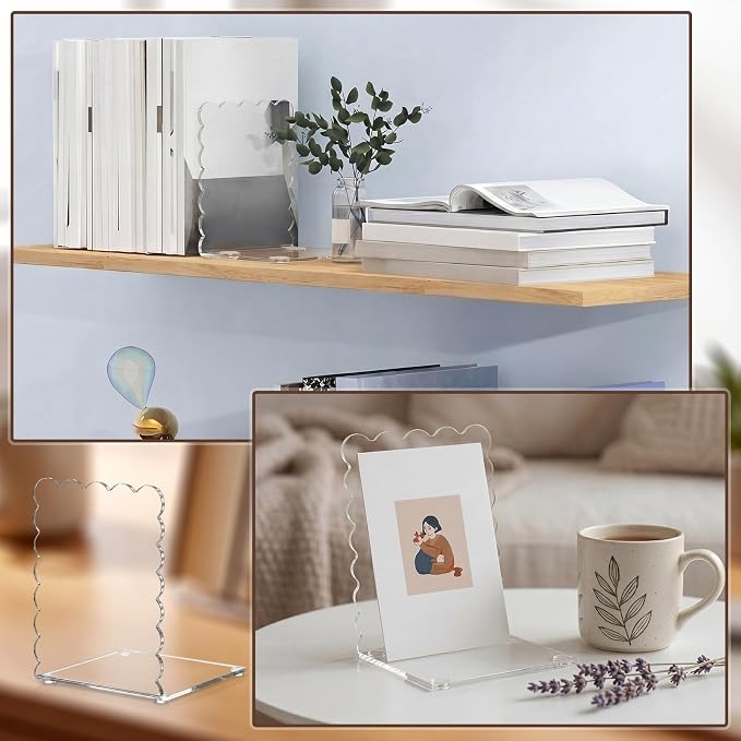 4 Pcs Scalloped Acrylic Bookends Clear Book Ends for Shelve Transparent Bookend Organizer Decorative Non Slip Book Holders for School Library Office Cd File Video Games
