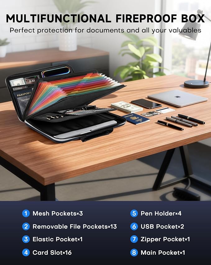 DOZAWA Fireproof Document Box, Hard Case Document Organizer with Lock, 13 Pockets Accordion File Folder with Reflective Strip, Waterproof Safe Box for Important Documents & Valuables Storage, Black