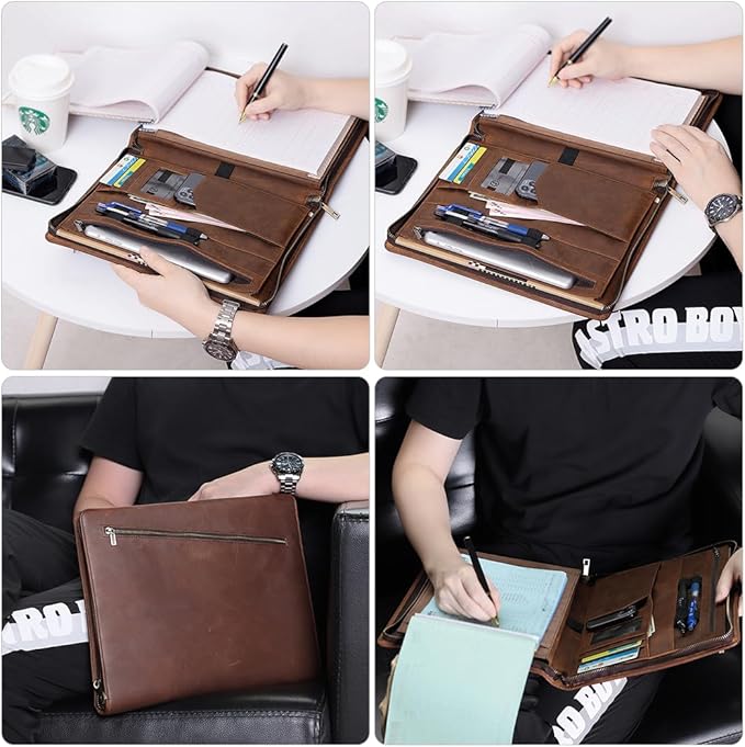 Crazy Horse Leather Portfolio Binder with 3-Zipper, 11-inch iPad Holder Padfolio, Executive Business Organizer for iPad Pro 13, Air 13, Mini, Document Case & Legal Pad Holder for Men & Women