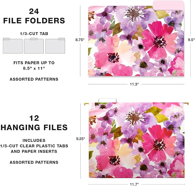 Global Printed Products Deluxe Designer Hanging File Folder Kit, Includes Metal Hanging Basket, 12 Hanging Folders, 24 File Folders, 1/3 Cut Tab, Assorted Positions, Letter Size (Floral)
