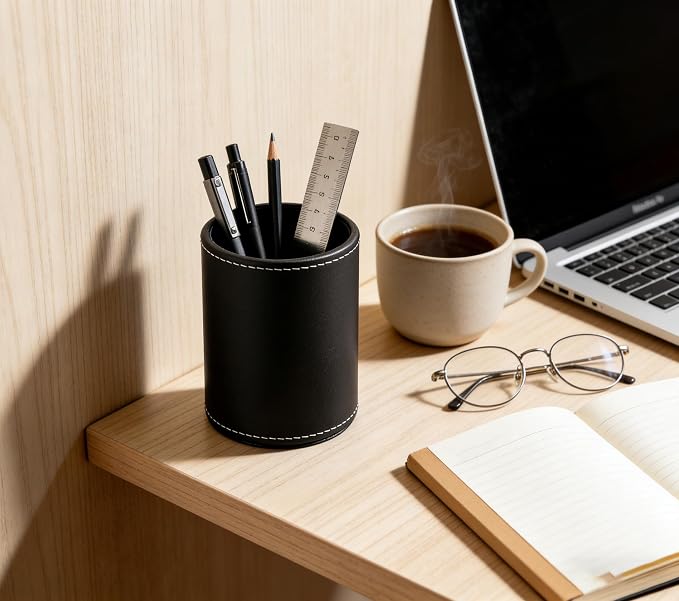 Round Pen Pencil Holder, PU Leather Pencil Cup, Desktop Stationery Organizer, Stand Desk Organizer, Office Accessories Container (Black)