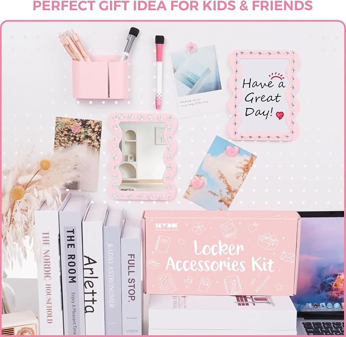 SKYDUE Locker Accessories Kit for Girls - Includes Magnetic Mirror, Whiteboard, Pen Holder, Magnets and Stickers, Pink Locker Decor & Organizer Set, Back to School Supplies, Basic Set 10 Piece